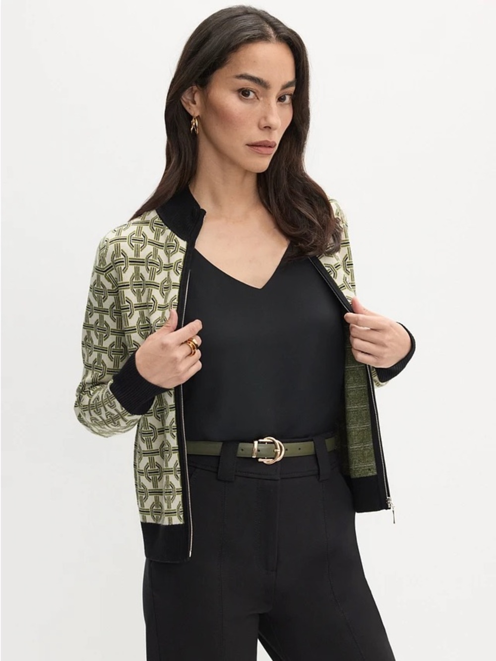 Melanie Lyne Black Cream Geometric Print Zip-Up Knit Cardigan Sweater Jacket